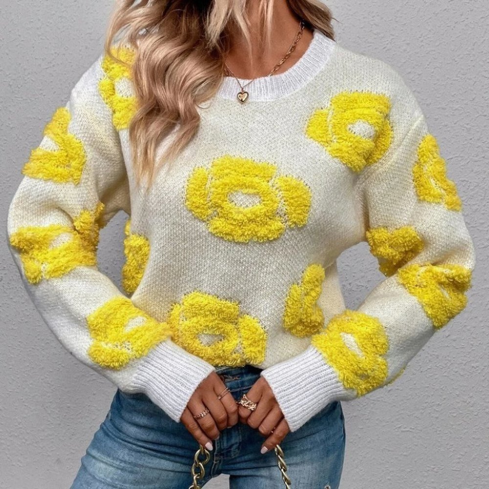 Boho Yellow Floral Print Sweater - Picture 4 of 5